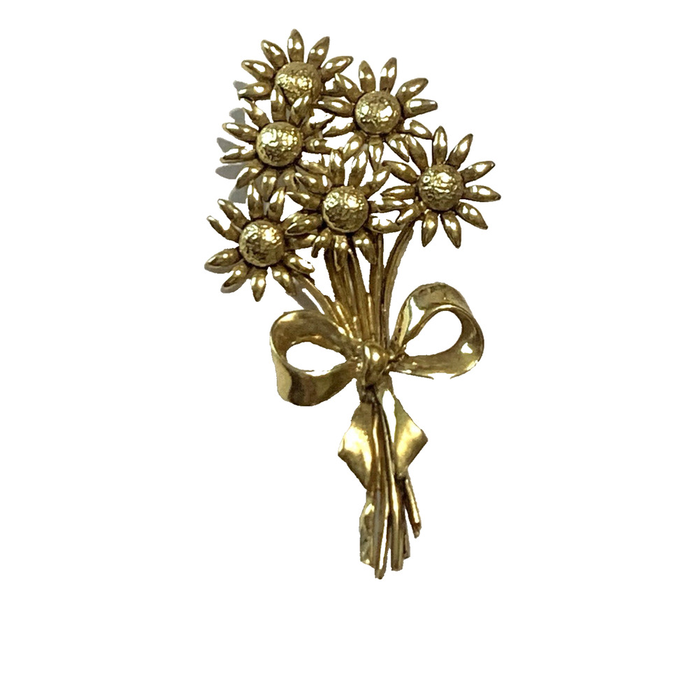 Vintage Gold Tone Sunflower Bouquet Brooch Ribbon Bow Floral Pin 2" Statement